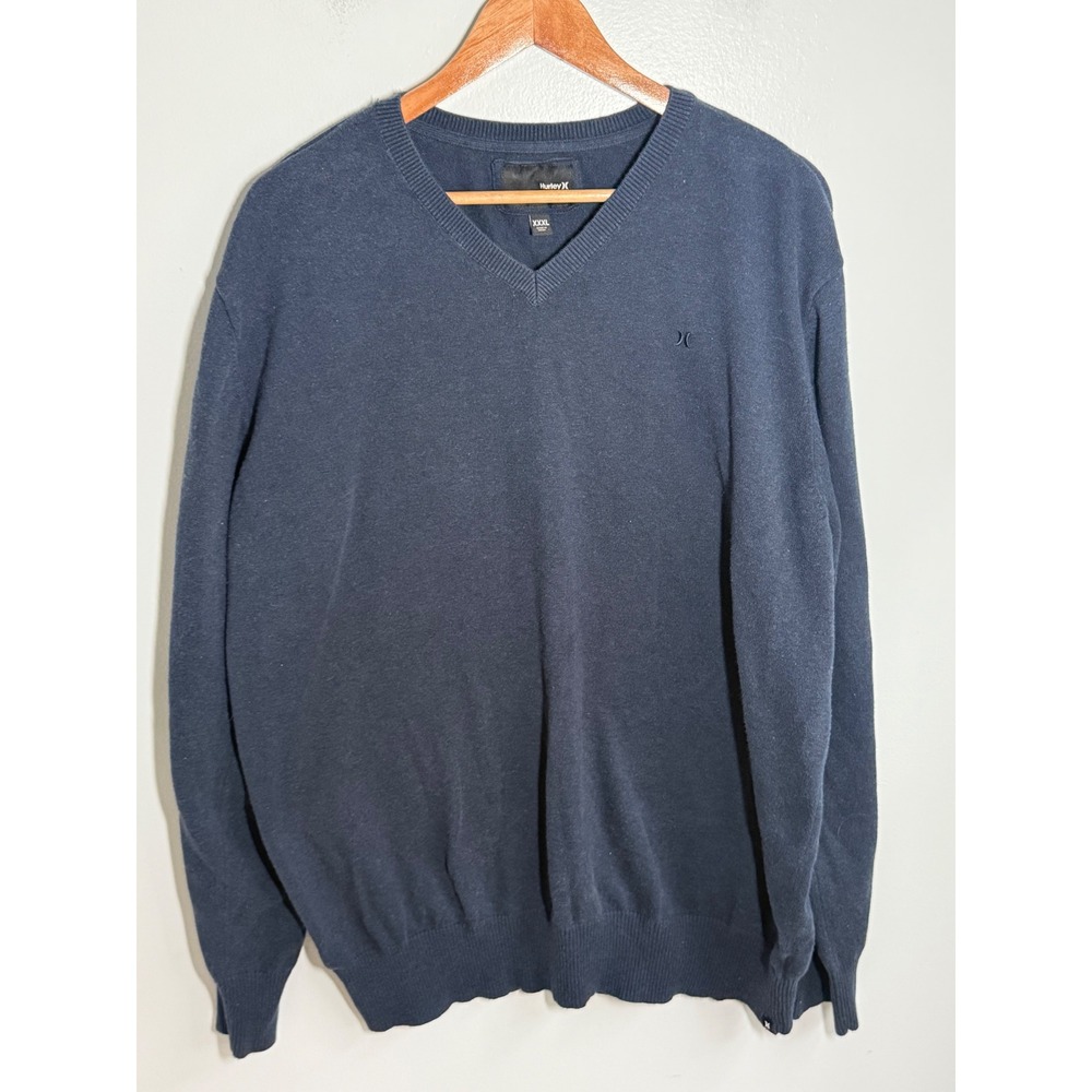 Hurley Mens XXXL V-Neck Sweater Navy Blue Long Sleeve Knit Pullover Logo 3XL